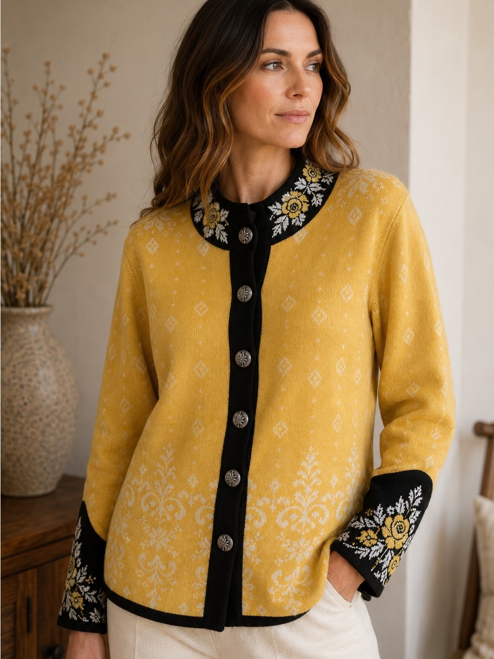 Icelandic Design 100% Wool Nordic Cardigan Floral Embroidered Size L Yellow